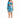 A model poses in a one-shoulder, blue abstract patterned dress with a cutout and ruched detailing.