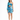 A model poses in a one-shoulder, blue abstract patterned dress with a cutout and ruched detailing.