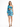 A model poses in a one-shoulder, blue abstract patterned dress with a cutout and ruched detailing.
