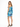 A woman poses in a blue abstract patterned crop top and matching mini skirt, showcasing a stylish one-shoulder design.