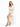 A model poses in a white cut-out dress with long sleeves and black strappy heels, showcasing a stylish look.