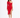 A model poses in a red, one-shoulder dress with a side slit, paired with black strappy heels.