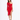 A model poses in a red, one-shoulder dress with a side slit, paired with black strappy heels.