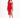 A model poses in a red, one-shoulder dress with a thigh-high slit and ruched detailing, paired with black heels.