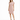 A woman stands in a relaxed-fit, short-sleeve pink dress paired with black strappy heels against a white background.