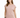 A woman with wavy hair wears a soft pink, short-sleeved dress, showcasing a relaxed fit and minimalistic design.