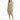 A woman stands confidently in a knee-length, olive green dress with cap sleeves and black strappy heels.