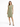 A woman stands confidently in a knee-length, olive green dress with cap sleeves and black strappy heels.