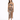 A model poses in a fitted, animal print dress with a side slit and adjustable ties, paired with black heels.