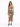 A model poses in a fitted, animal print dress with a side slit and adjustable ties, paired with black heels.