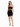 A model wearing a black strapless dress with cut-out details and a wrap-style skirt, paired with black heels.