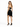 A woman in a black strapless dress with a cutout back, paired with black high-heeled sandals.
