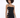 A model poses in a black, sleeveless dress featuring cut-out details and a subtle shimmer effect.