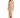 A model poses in a strapless, shimmering beige dress with a side slit and twist detail, paired with black heels.