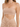 Strapless, shimmery beige dress featuring a cutout design and twisted knot detail at the waist.