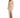 A model poses in a strapless, shimmering beige dress with a cutout design and a thigh-high slit.