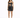 A model poses in a fitted black dress with cut-out details and thin straps, paired with black high heels.