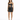 A model poses in a fitted black dress with cut-out details and thin straps, paired with black high heels.