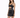A model poses in a fitted black dress with a cutout design and thin straps, showcasing a sleek silhouette.