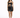 A model poses in a fitted black dress with cut-out details and thin straps, paired with black heels.