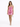 A model wearing a fitted, shiny pink dress with spaghetti straps, paired with white heels and a small handbag.