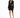 A model poses in a sleek black dress with a deep V-neck and satin belt, paired with strappy heels.