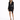 A model poses in a sleek black dress with a deep V-neck and satin belt, paired with strappy heels.