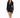 A woman models a black wrap dress with a satin collar and a tied waist, paired with strappy black heels.