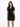 A woman stands confidently in a fitted black dress with a collared neckline and short sleeves.