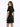 A woman with long hair poses in a fitted black dress featuring a textured pattern and short sleeves.