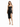A model poses in a fitted black dress with a sweetheart neckline and a thigh-high slit, paired with nude heels.