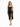 A model poses in a fitted black leather dress with a thigh-high slit and thin straps, paired with beige heels.