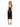 A woman in a fitted black dress with a side slit, paired with nude high-heeled sandals, poses from the back.