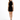 A model poses in a sleeveless black dress with side cutouts and crisscross detailing, paired with strappy heels.