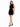 A model poses in a fitted black dress with side cutouts and lace-up detailing, paired with black heels.