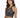 A model poses in a shimmering black sequined crop top with a unique halter neck design and keyhole cutout.
