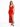 A model poses in a sleek red satin dress with a plunging neckline and a thigh-high slit, paired with black heels.