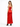 A woman models a sleek red satin dress with a fitted bodice and a thigh-high slit, paired with black heels.