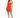 A model poses in a fitted orange dress with spaghetti straps and a cutout detail, paired with white sneakers.