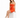 A woman sits on a white cube wearing a fitted orange dress with a cutout detail and white sneakers.
