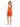 A woman in a fitted orange dress with thin straps, standing sideways, wearing white sneakers.