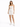 A model poses in a fitted white dress with a cutout detail, paired with white sneakers for a casual look.