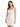 A woman poses in a fitted white dress with thin straps and a cutout detail at the waist.