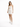 A model poses in a fitted, sleeveless white dress with a cutout detail, paired with white sneakers.