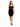 A model wearing a fitted black dress with thin straps and a cutout detail at the waist, paired with black heels.