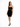 A model poses in a fitted black dress with thin straps and a cutout detail, paired with black high heels.