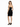 A woman in a fitted black dress with thin straps, showcasing a sleek silhouette and paired with black high heels.