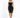 A model poses in a strapless black dress featuring gold zipper details and thigh-high slits, paired with black heels.