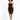 A model poses in a strapless black dress featuring gold zipper details and thigh-high slits, paired with black heels.