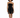 A model poses in a strapless black dress featuring gold zipper details and side slits, complemented by black heels.